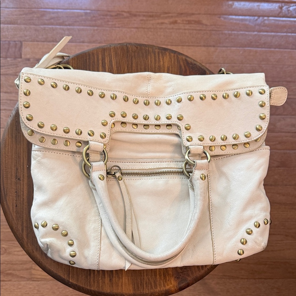 Sorial New York Gold Studded Cream leather Handbag adjustable / removable strap